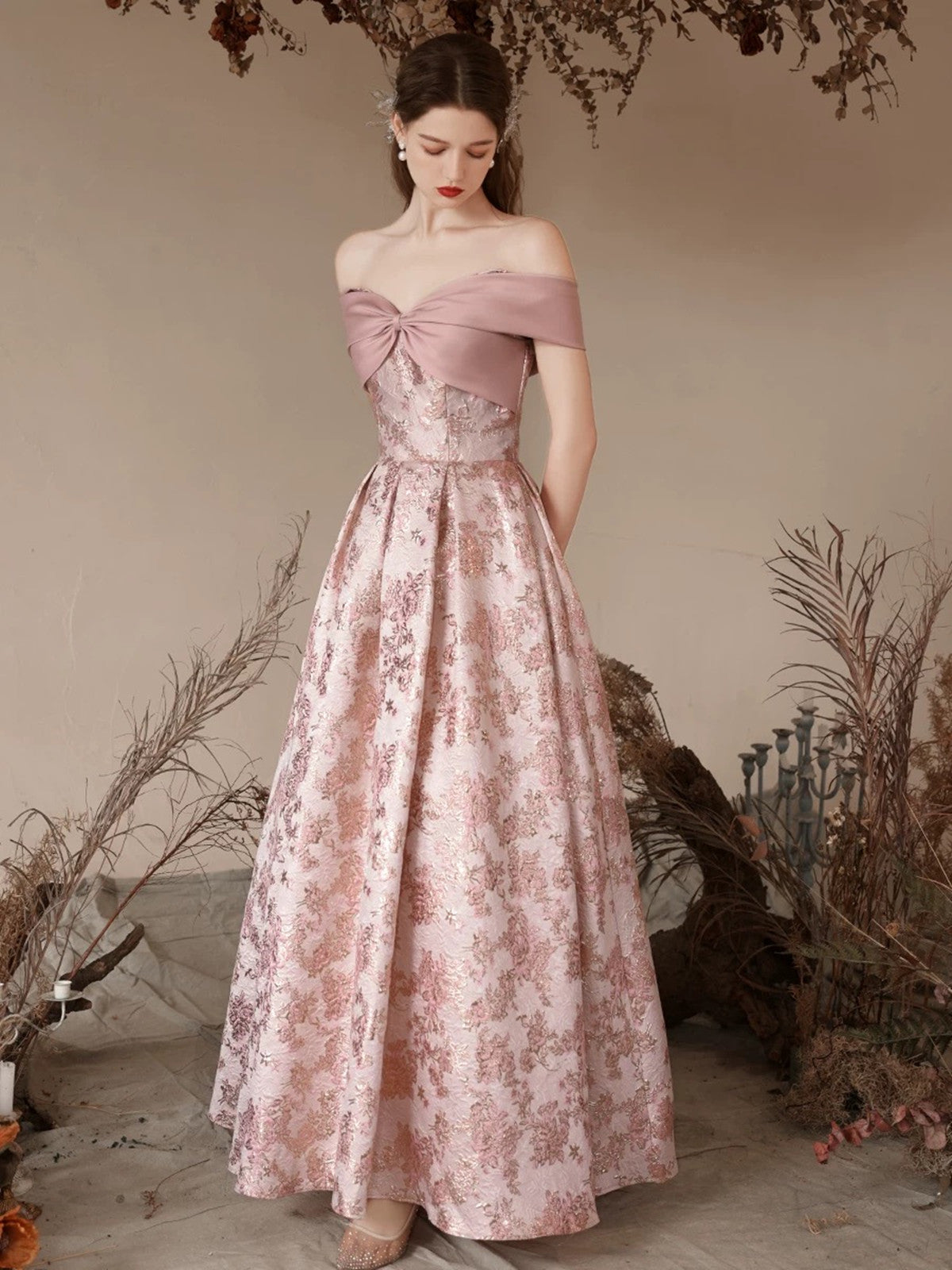 A-Line Pink Floral Satin Off Shoulder Long Prom Dress, Pink Satin Floor Length Evening Dress