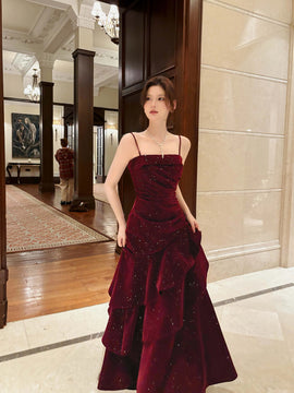 Wine Red Velvet Straps Layers Long Formal Dress, Wine Red Velvet Floor Length Prom Dress