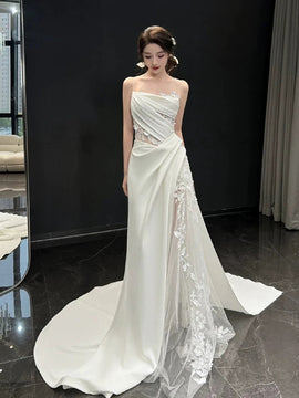 White Satin and Lace Strapless Wedding Party Dress, White Long Formal Dress Evening Dress