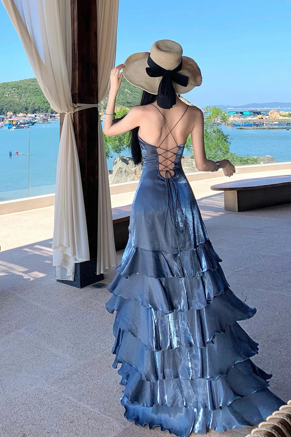 A-line V-neckline Layers Satin Long Party Dress with Leg Slit, Straps Long Prom Dress