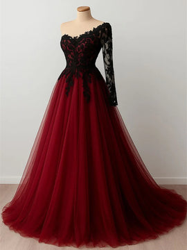 Wine Red Tulle One Shoulder with Black Lace Party Dress, A-line Tulle Prom Dress