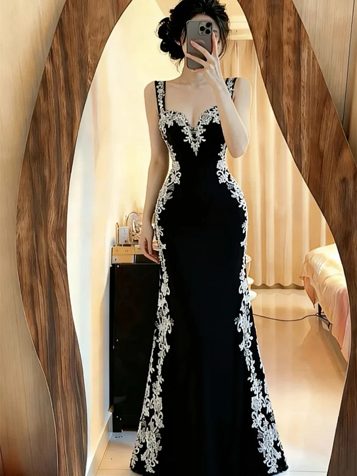 Chic Black Mermaid Spandex Straps with Lace Evening Dress, Black Long  Prom Dress