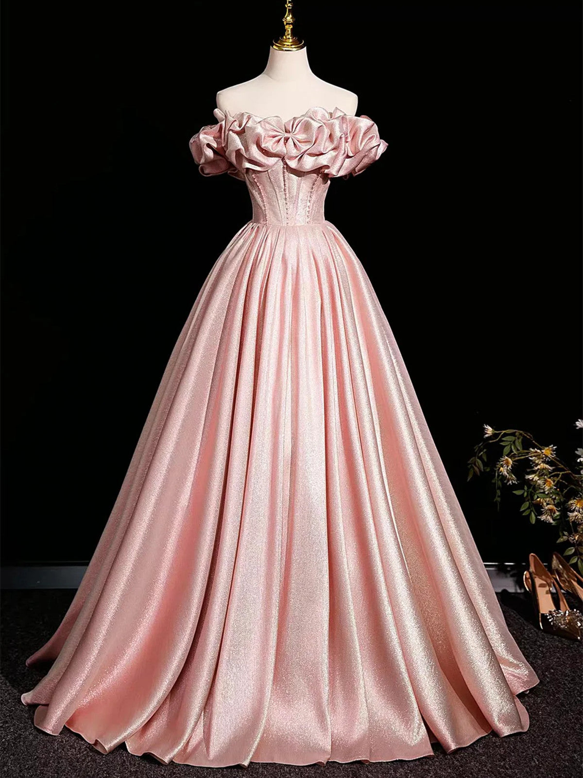 Pink Satin Off Shoulder Long Formal Dress, Pink Beaded A-line Prom Dress Evening Dress