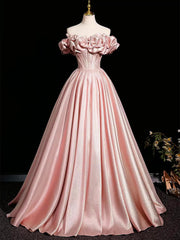 Pink Satin Off Shoulder Long Formal Dress, Pink Beaded A-line Prom Dress Evening Dress