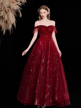A-line Sparkle Wine Red Tulle Off Shoulder Prom Dress, Sweetheart Wine Red Party Dress