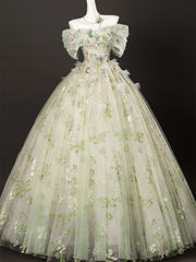 Green Floral Tulle Sweetheart A-line Long Prom Dress, Green Tulle Off Shoulder Party Dress