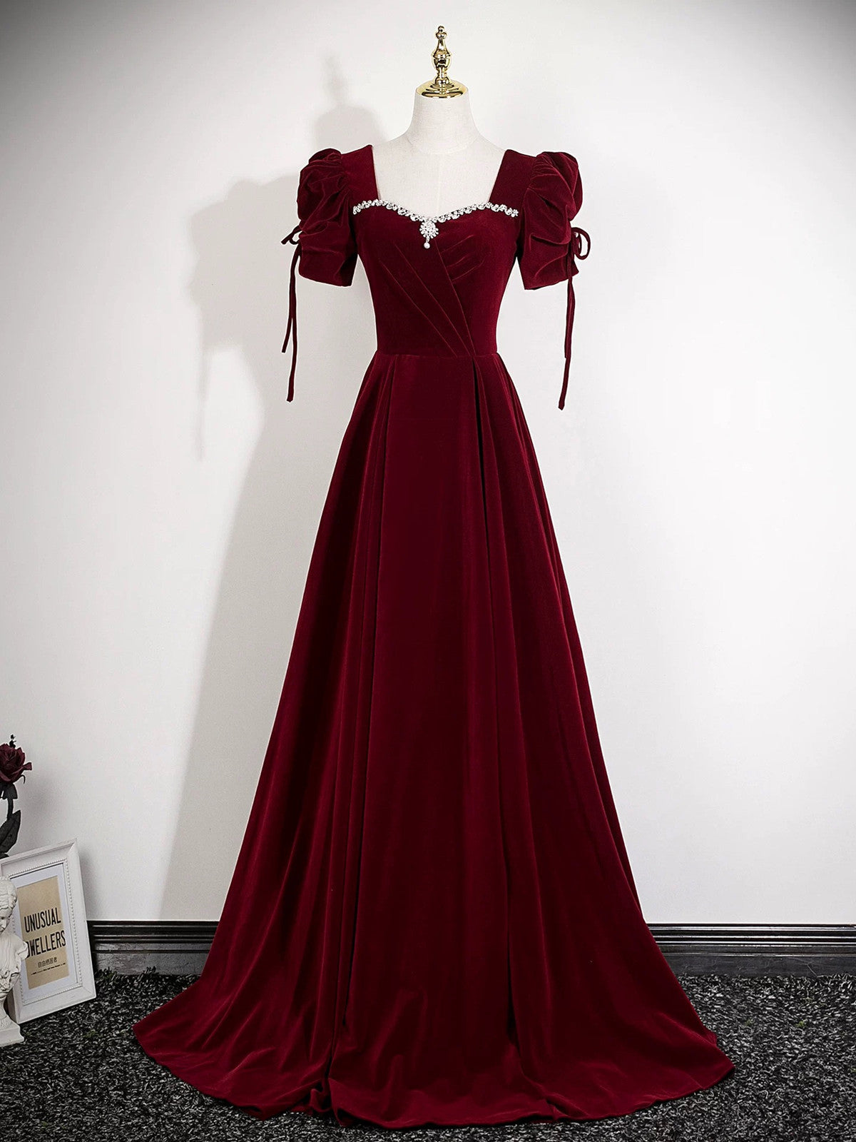 Wine Red Velvet A-line Prom Dress, Wine Red Beaded Long Party Dress Formal Dress