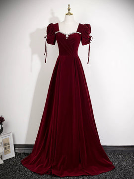 Wine Red Velvet A-line Prom Dress, Wine Red Beaded Long Party Dress Formal Dress