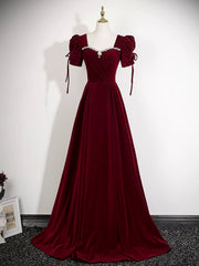 Wine Red Velvet A-line Prom Dress, Wine Red Beaded Long Party Dress Formal Dress
