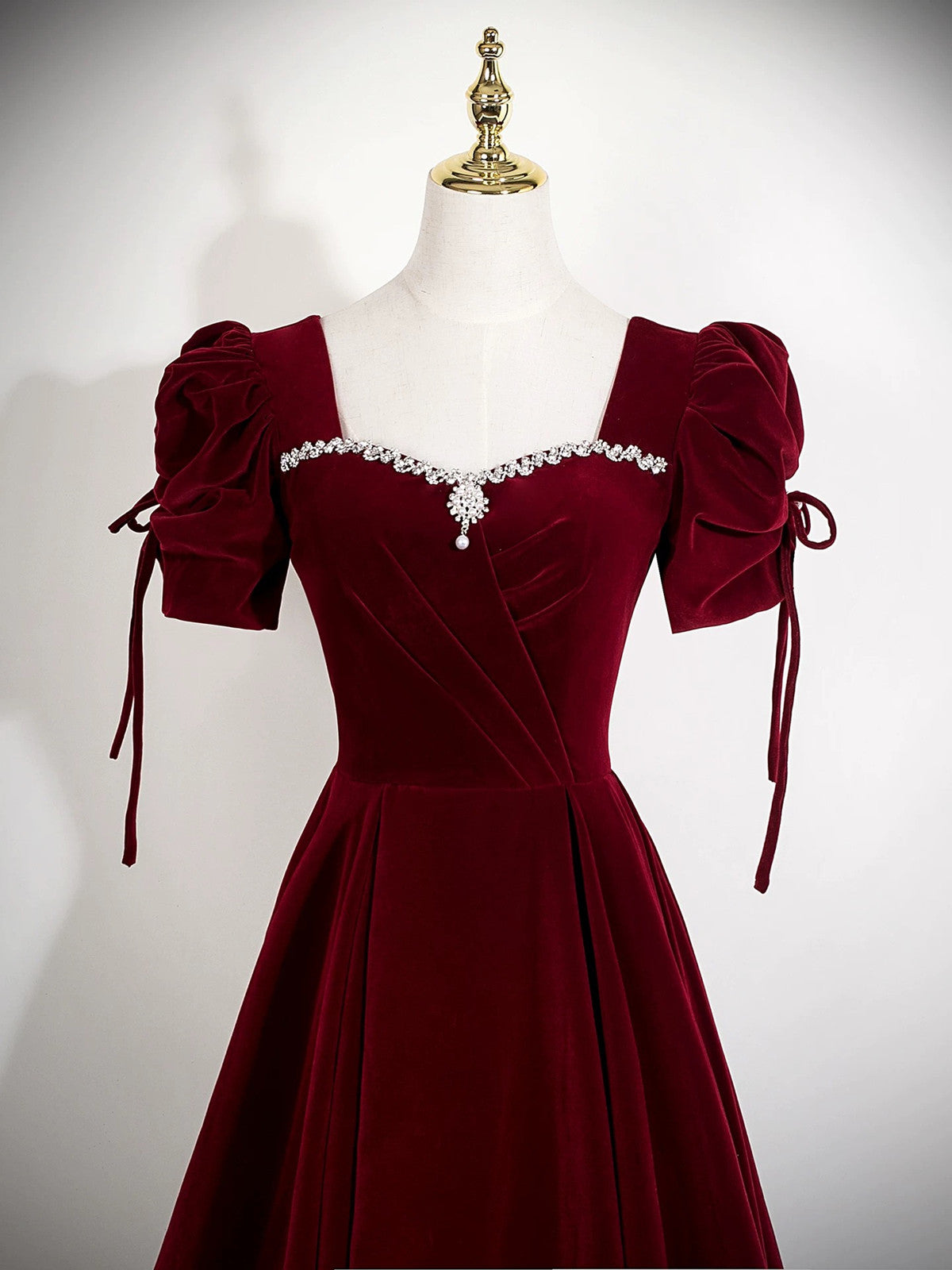 Wine Red Velvet A-line Prom Dress, Wine Red Beaded Long Party Dress Formal Dress