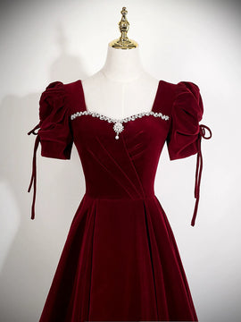 Wine Red Velvet A-line Prom Dress, Wine Red Beaded Long Party Dress Formal Dress