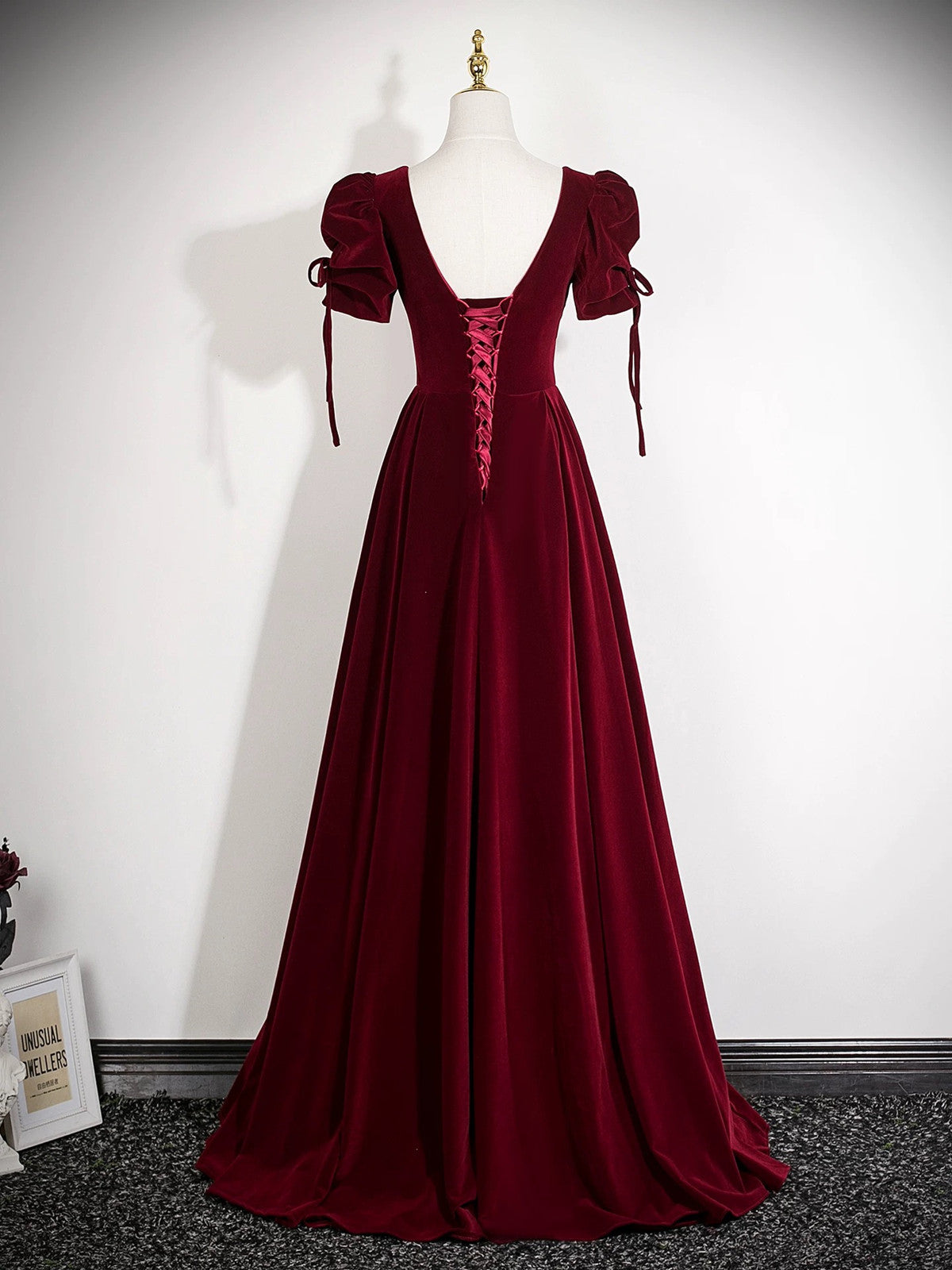 Wine Red Velvet A-line Prom Dress, Wine Red Beaded Long Party Dress Formal Dress