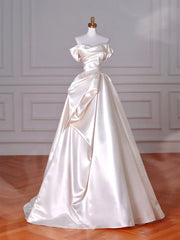 Ivory Satin Off Shoulder Sweetheart Prom Dress, Ivory Satin Long Party Dress Evening Dress