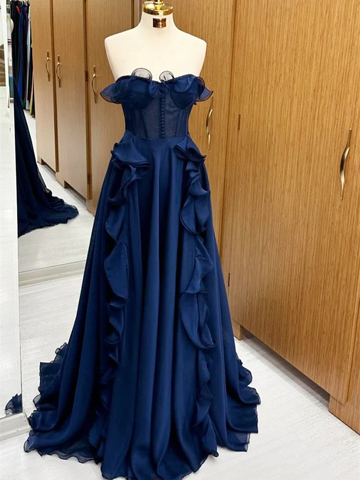 A-line Navy Blue Corset Ruffle Prom Dress, Navy Blue Long Evening Dress Party Dress