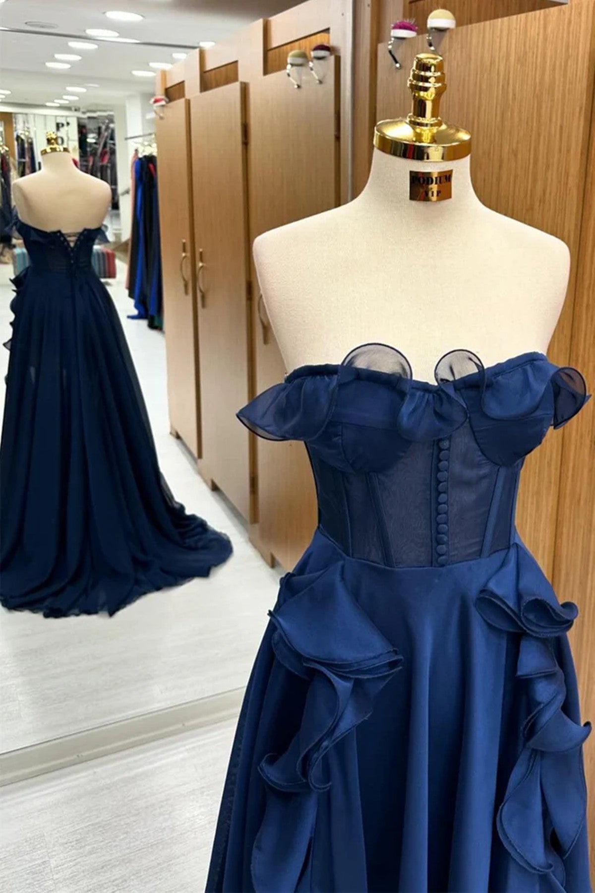 A-line Navy Blue Corset Ruffle Prom Dress, Navy Blue Long Evening Dress Party Dress