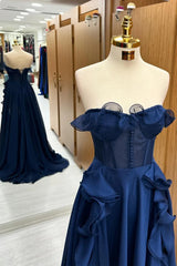 A-line Navy Blue Corset Ruffle Prom Dress, Navy Blue Long Evening Dress Party Dress