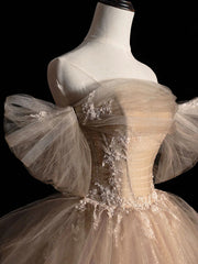 A-line Tulle with Lace Applique Champagne Prom Dress, Champagne Long Party Dress