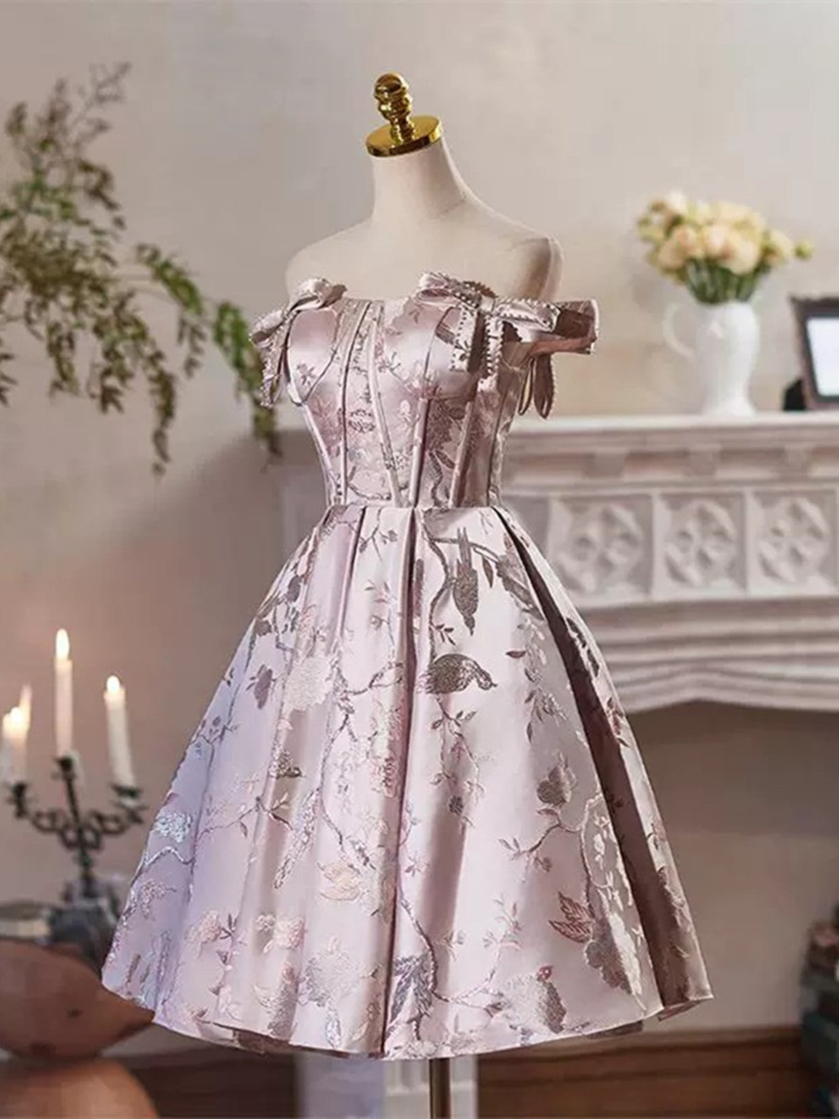 Pink Floral Satin Off Shoulder Short Prom Dress, Pink Satin Homecoming Dress