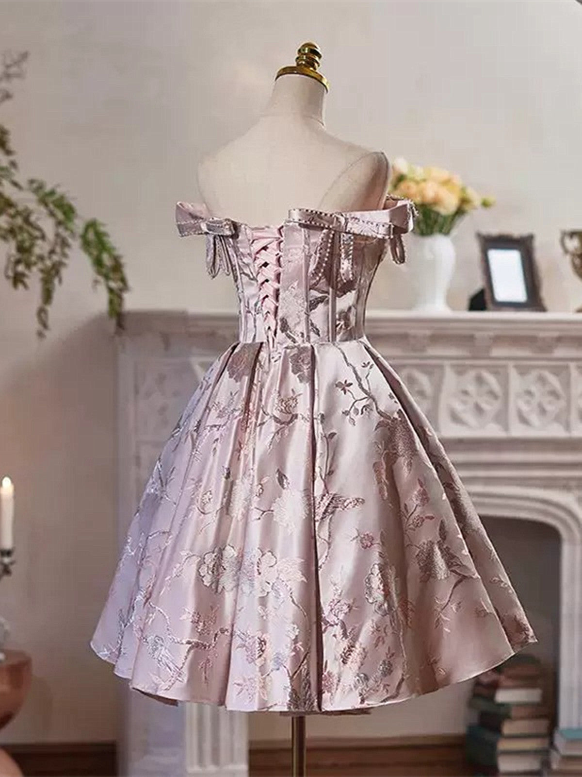 Pink Floral Satin Off Shoulder Short Prom Dress, Pink Satin Homecoming Dress