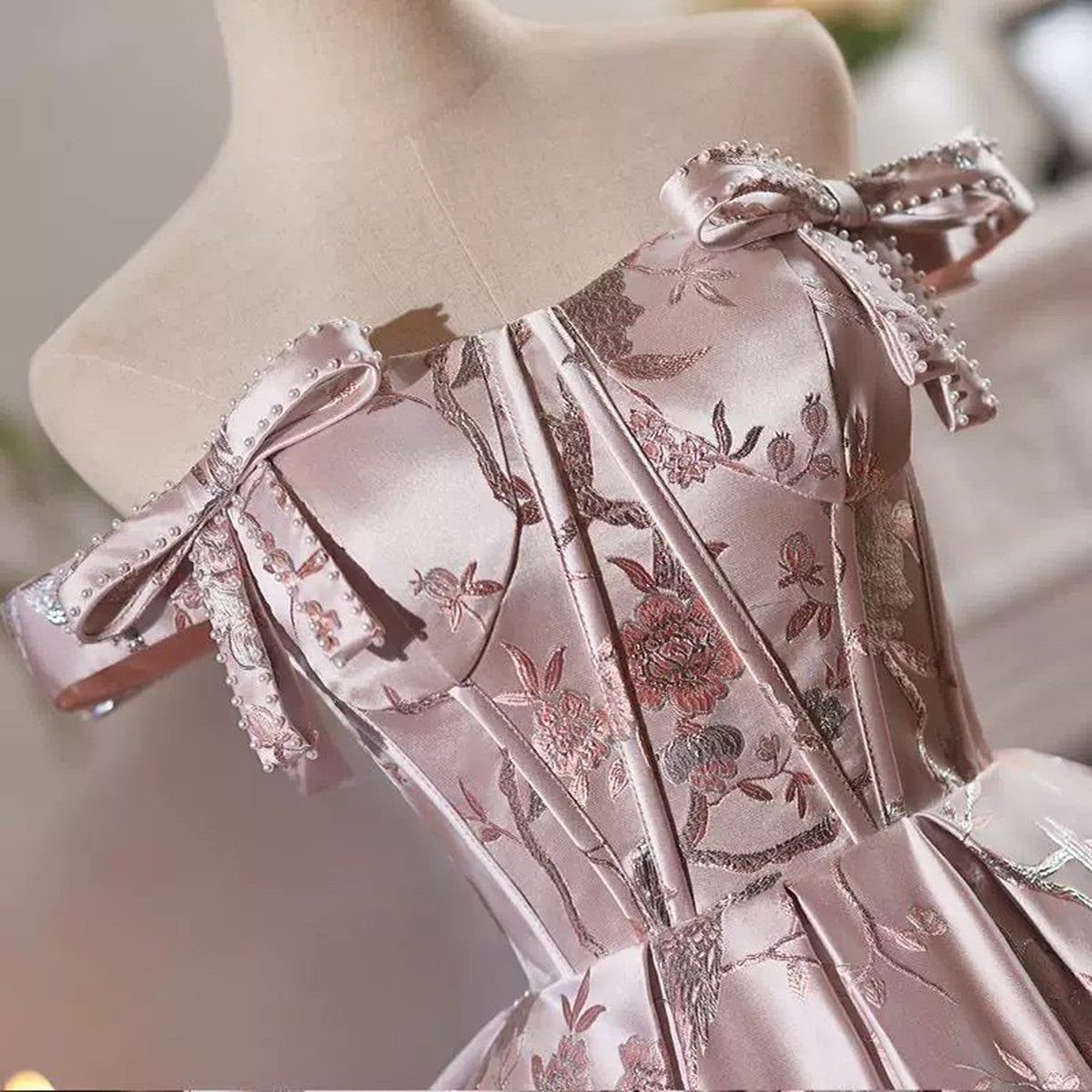 Pink Floral Satin Off Shoulder Short Prom Dress, Pink Satin Homecoming Dress