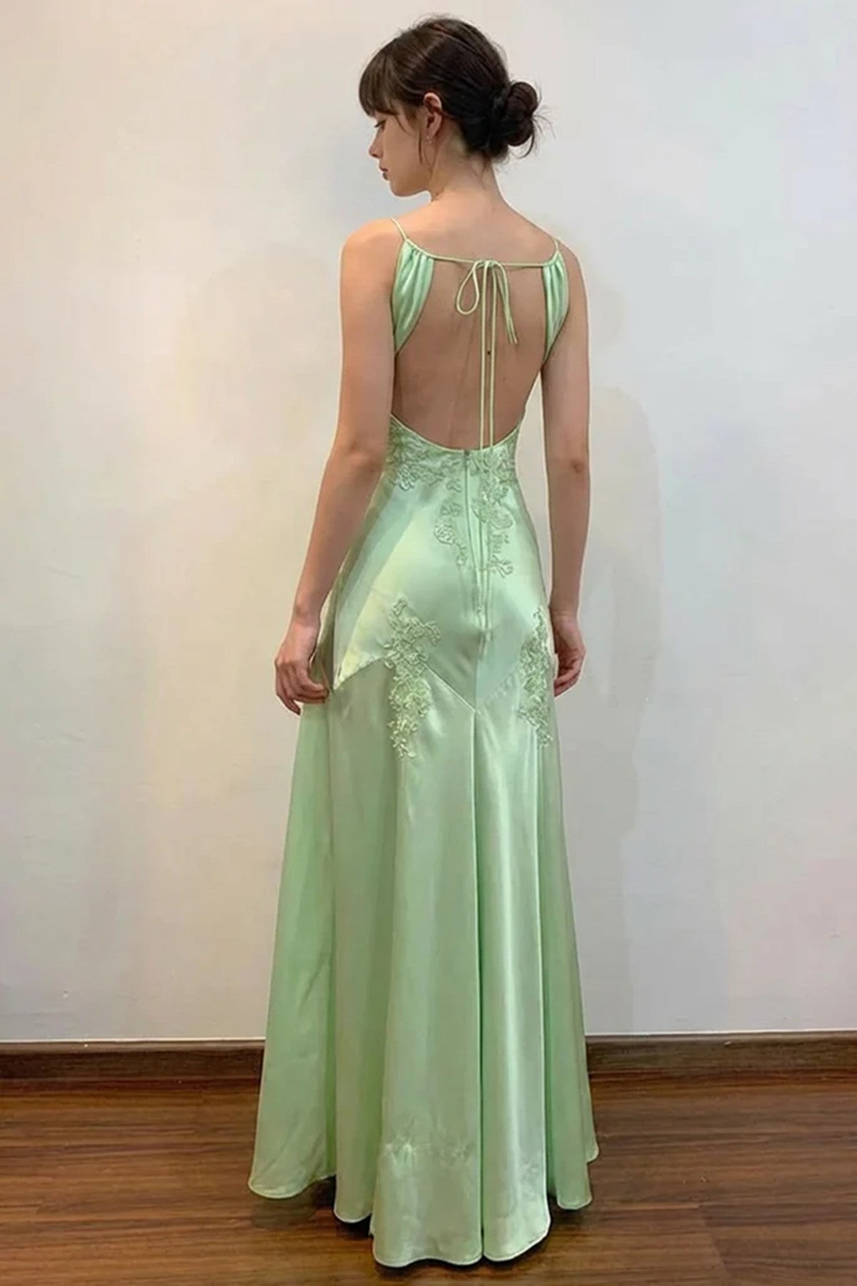 Green Embroidered Lace Satin Prom Dress, Green Satin Low Back Wedding Party Dress