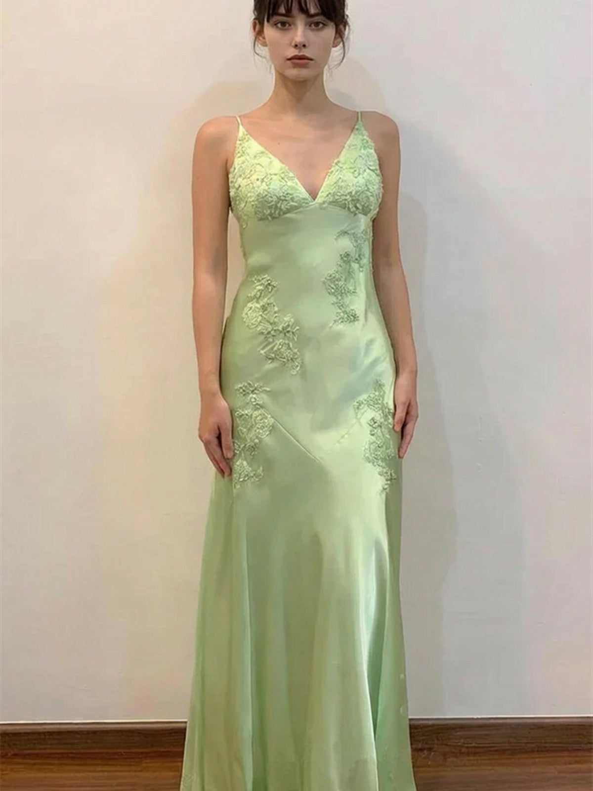 Green Embroidered Lace Satin Prom Dress, Green Satin Low Back Wedding Party Dress