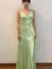 Green Embroidered Lace Satin Prom Dress, Green Satin Low Back Wedding Party Dress