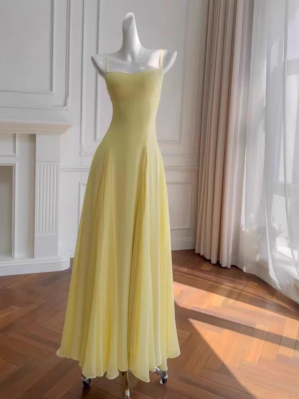 A-line Light Yellow Chiffon Prom Dress Evening Dress, Light Yellow Straps Party Dress