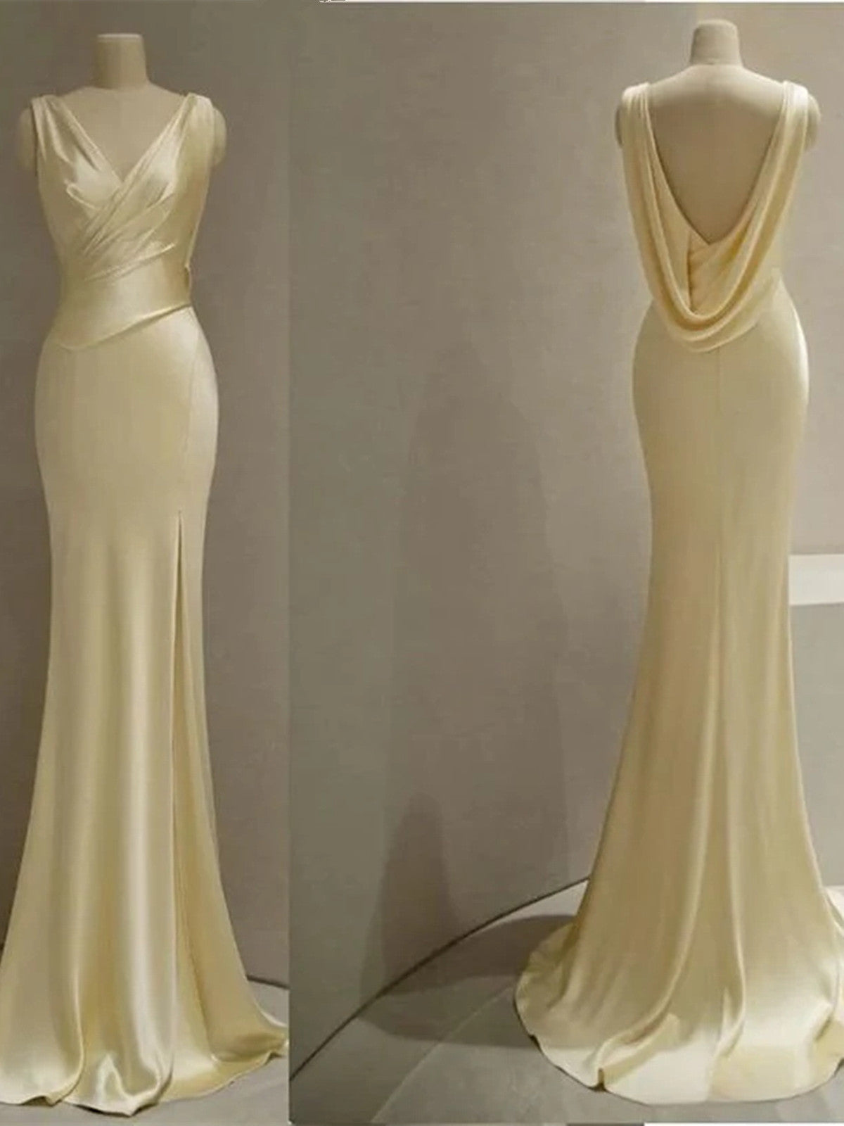 Yellow V-neckline Backless Long Prom Dress, Yellow Formal Dress Party Dress