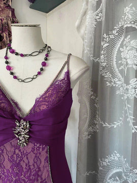 Purple Mermaid Lace Straps Long Party Dress, Purple A-line  Prom Dress Evening Dress