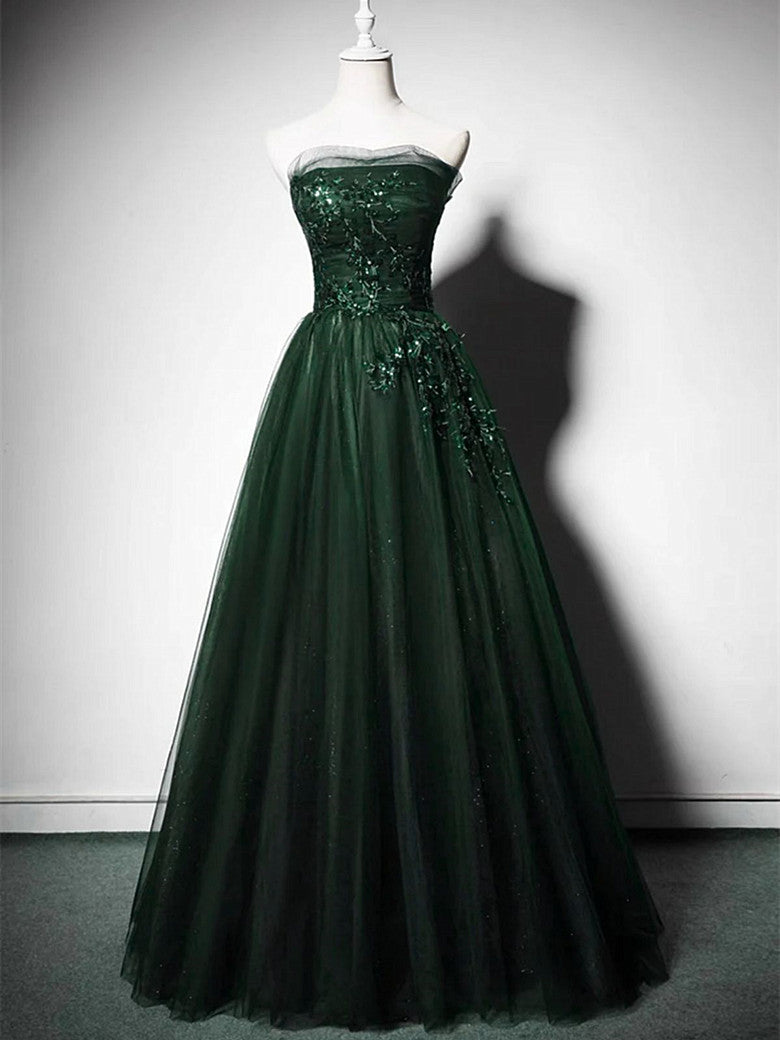 A-Line Green Tulle Strapless Long Prom Dress with Lace, Green Party Dress Evening Dress