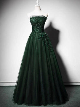 A-Line Green Tulle Strapless Long Prom Dress with Lace, Green Party Dress Evening Dress