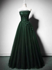 A-Line Green Tulle Strapless Long Prom Dress with Lace, Green Party Dress Evening Dress