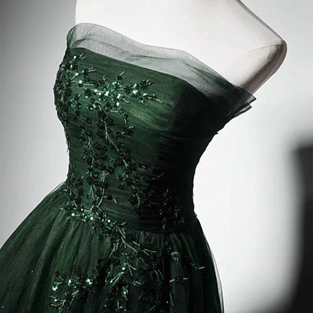 A-Line Green Tulle Strapless Long Prom Dress with Lace, Green Party Dress Evening Dress