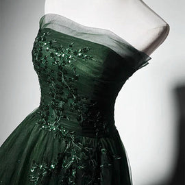 A-Line Green Tulle Strapless Long Prom Dress with Lace, Green Party Dress Evening Dress