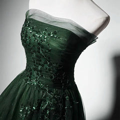 A-Line Green Tulle Strapless Long Prom Dress with Lace, Green Party Dress Evening Dress