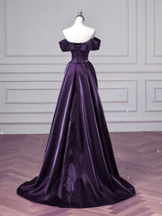 Purple Mermaid Sweetheart Off Shoulder Prom Dress, Purple Satin Long Evening Dress