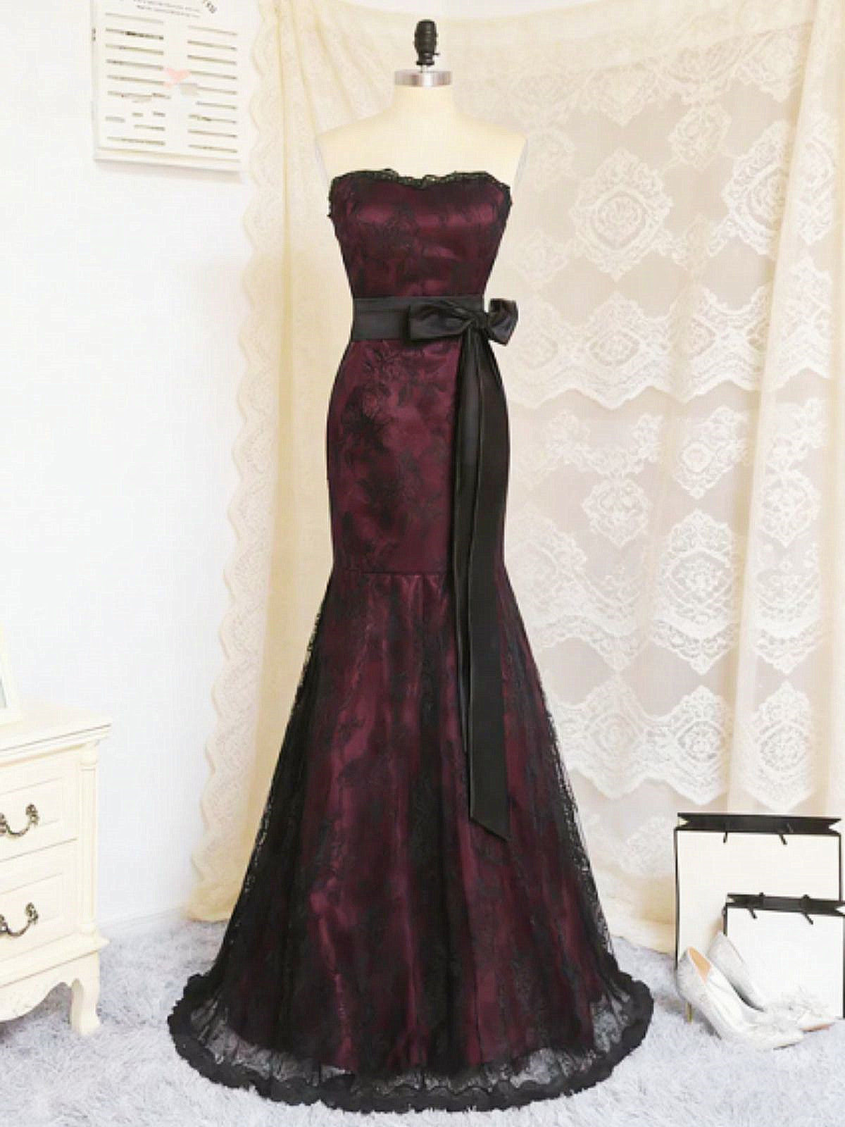 Wine Red and Black Lace Gothic Mermaid Prom Dress, Strapless Formal Formal Dress