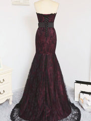 Wine Red and Black Lace Gothic Mermaid Prom Dress, Strapless Formal Formal Dress
