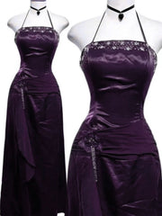 A-line Beaded Purple Halter Long Prom Dress Evening Dress, Purple Floor Length Party Dress