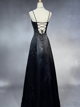 A-line Black Satin Embroidery Floor Length Party Dress, Black Long Prom Dress
