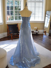 Vintage-Inspired Blue Strapless Prom Dress, Ruched Pleated Mermaid Evening Dress