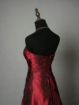 Elegant Strapless Wine Red Ruched Prom Dress, Shimmering Taffeta Formal Dress