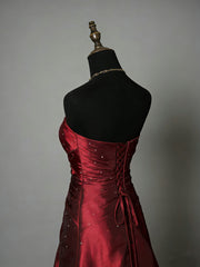 Elegant Strapless Wine Red Ruched Prom Dress, Shimmering Taffeta Formal Dress