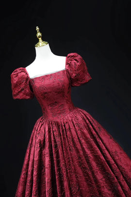 Vintage Square Neck Wine Red Prom Gown, Short Sleeves Evening Dress Party Dress