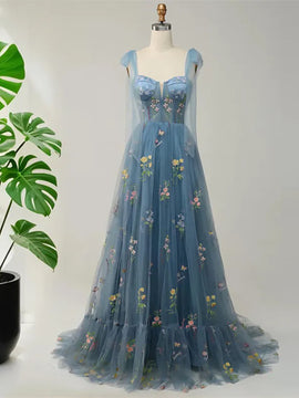  Blue Floral Embroidery Tulle Prom Dress,  A-Line Fairy Gown Blue Party Dress