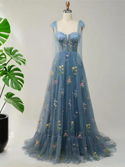  Blue Floral Embroidery Tulle Prom Dress,  A-Line Fairy Gown Blue Party Dress