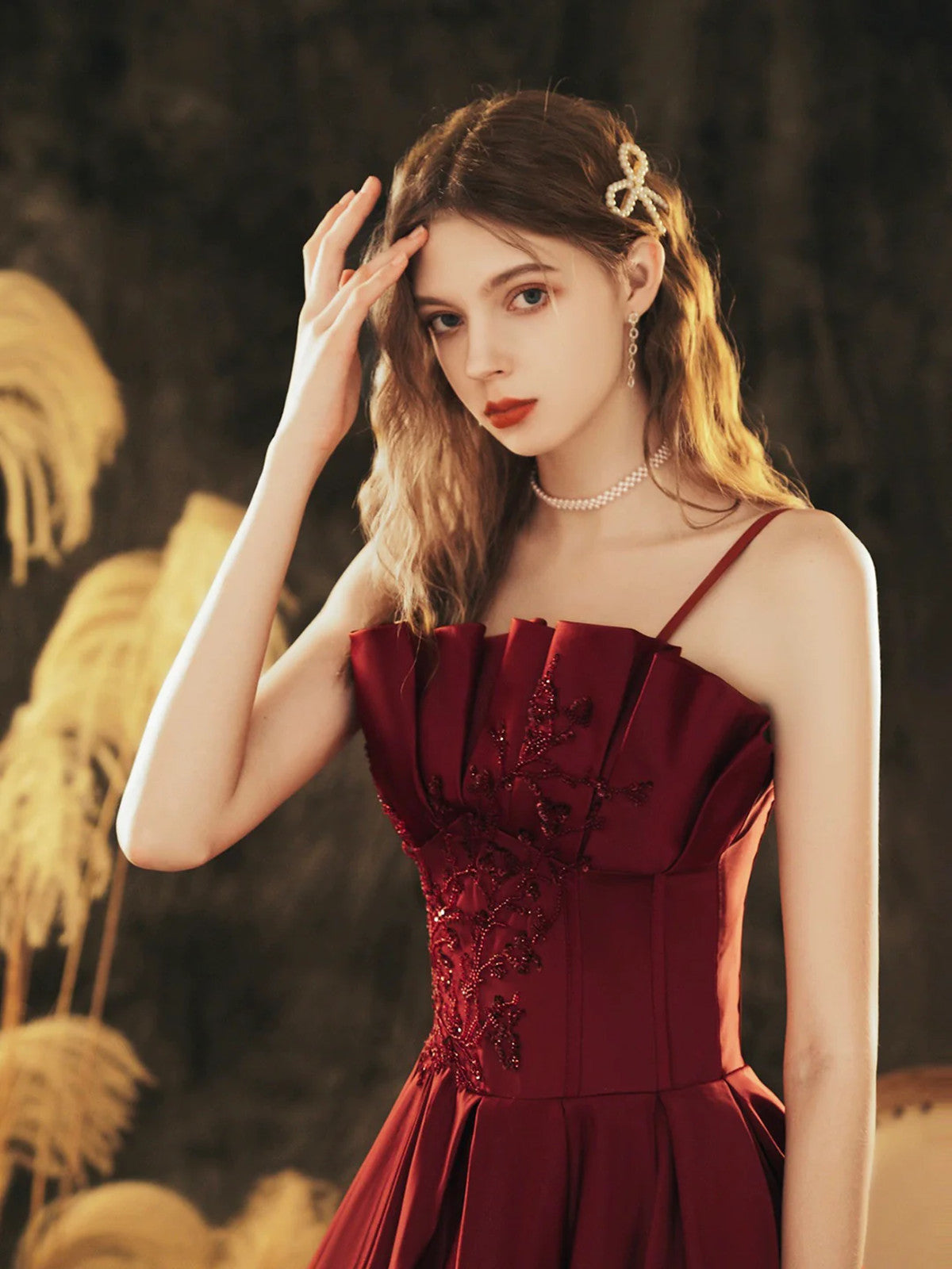 Wine Red Satin Beaded Straps Prom Dress Evening Dress, Wine Red A-line Formal Dress