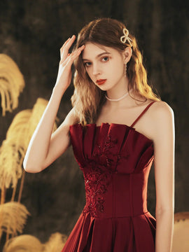 Wine Red Satin Beaded Straps Prom Dress Evening Dress, Wine Red A-line Formal Dress