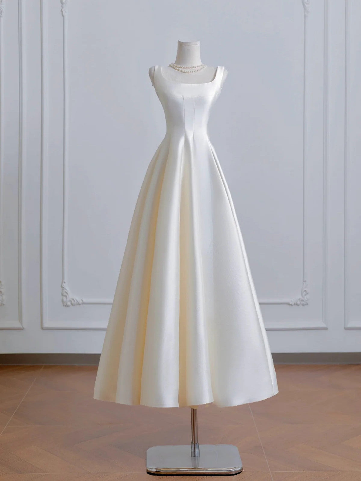Ivory Satin Tea Length Simple Style Wedding Party Dress, Ivory Satin Prom Dress Formal Dress